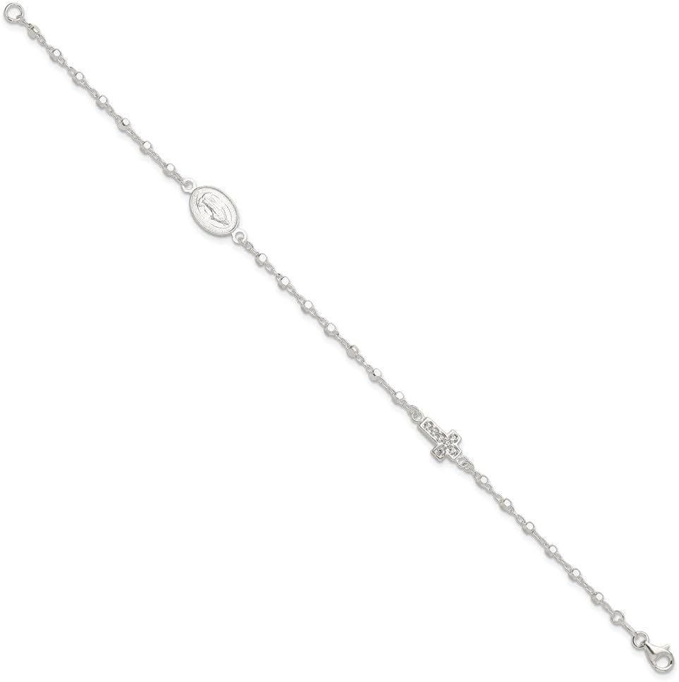 925 Sterling Silver Polished with Cubic zirconia Cross and Miraculous Medal Cable Chain Bracelet 7.5'