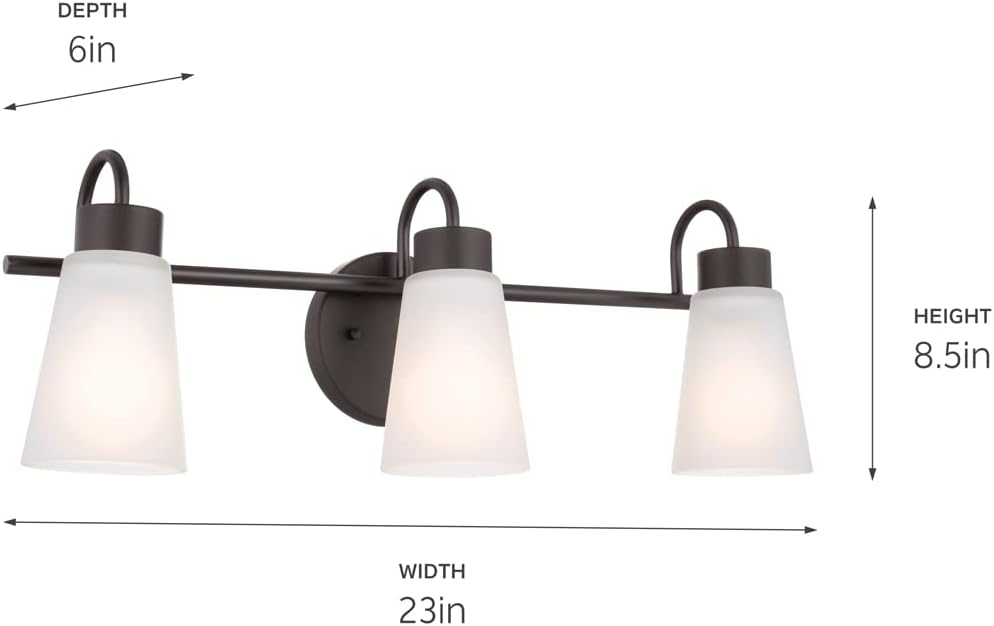 Kichler Erma 3-Light Bathroom Vanity Light Fixture with Satin Etched Glass Shades, Traditional Wall Mount Lighting over Mirror in Olde Bronze, 23 x 8.5 in, 45887NI