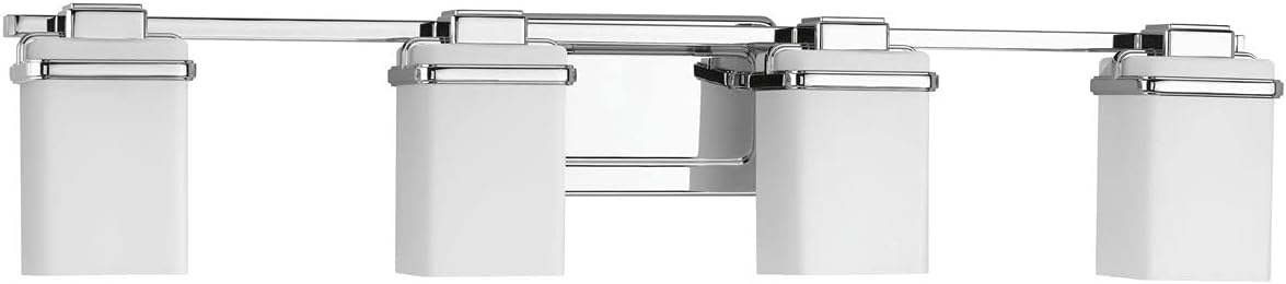 Progress Lighting 4 Light Bathroom Vanity Light, Coastal Style Modern Bath Lighting Fixture with Etched White Glass Shade for Over the Mirror, Reversible Mounting, Metric Collection, Polished Chrome