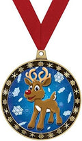 Crown Awards Reindeer with Snowflakes Winter Seasonal Award Medals with Red Ribbon, 2.5' Gold Reindeer Winter Trophies