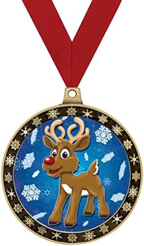 Crown Awards Reindeer with Snowflakes Winter Seasonal Award Medals with Red Ribbon, 2.5' Gold Reindeer Winter Trophies