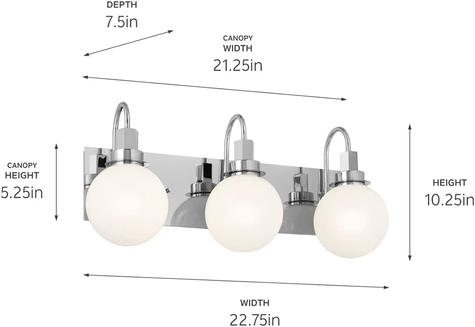 Kichler Hex 3-Light Vanity Light, Modern Light with Opal Glass in Chrome, Install Up or Down, Damp Rated, for Bathroom Vanity (22.75' x 10.25'), 55151CH