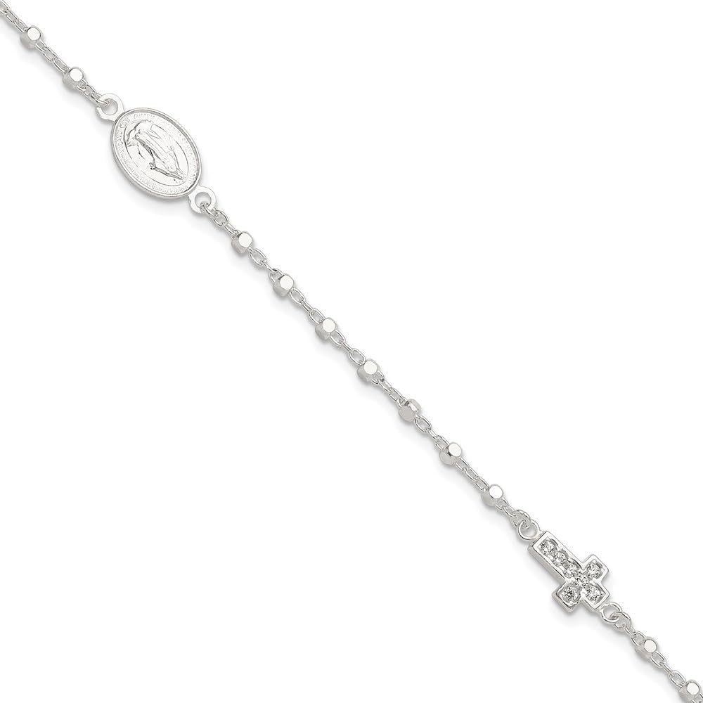 925 Sterling Silver Polished with Cubic zirconia Cross and Miraculous Medal Cable Chain Bracelet 7.5'