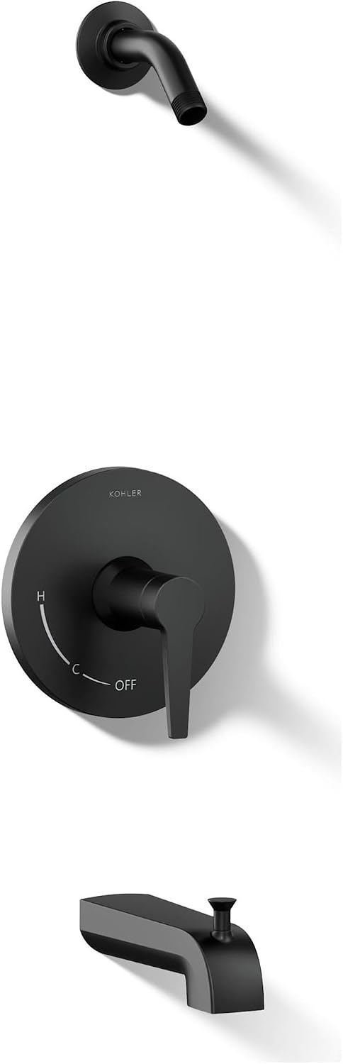 KOHLER K-TLS97074-4-BL Pitch Rite-Temp Bath And Shower Trim Set Less Showerhead, Includes Faceplate with Handle, Bath Spout, Shower Arm and Flange, Matte Black