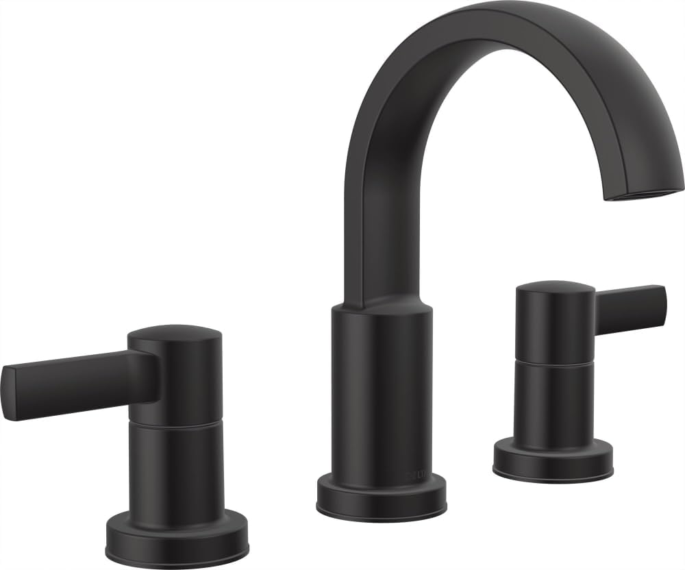 Delta Albion Matte Black Bathroom Faucet 3 Hole, 8 Inch Widespread Bathroom Sink Faucet for Vanity, Metal Push-Pop Drain Assembly, Matte Black 35855LF-BL