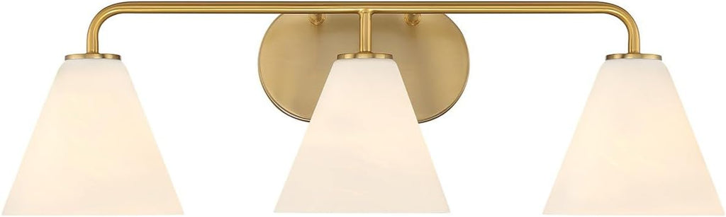 Savoy House 8-2988-3-322 Blair White Strie Glass Bathroom Conical Bathroom Vanity Light, 3-Light 180 Total Watts, 8'' H x 26'' W, Warm Brass
