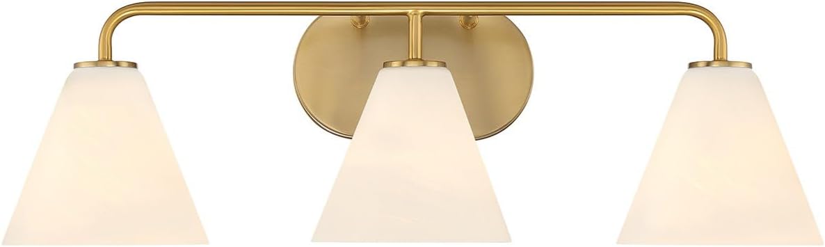 Savoy House 8-2988-3-322 Blair White Strie Glass Bathroom Conical Bathroom Vanity Light, 3-Light 180 Total Watts, 8'' H x 26'' W, Warm Brass