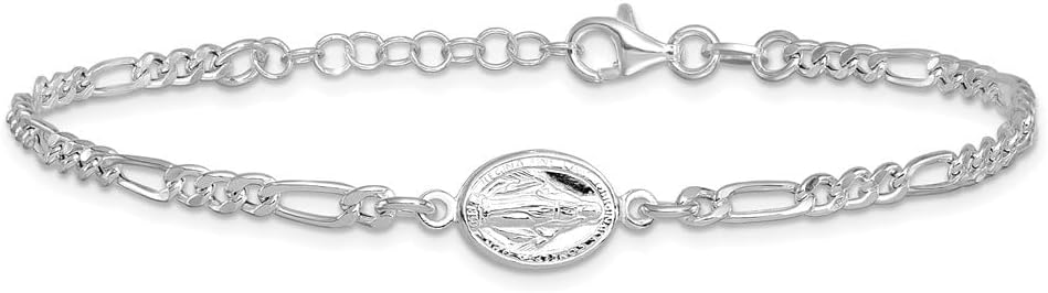 925 Sterling Silver Rhodium-plated Miraculous Medal with 1'' ext. Figaro Chain Bracelet for Women 8.25'', White, AFJ-QG-QG6560-7.25-MP