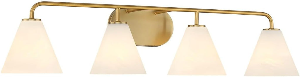 Savoy House 8-2988-4-322 Blair White Strie Glass Bathroom Conical Bathroom Vanity Light, 4-Light 240 Total Watts, 8'' H x 35'' W, Warm Brass