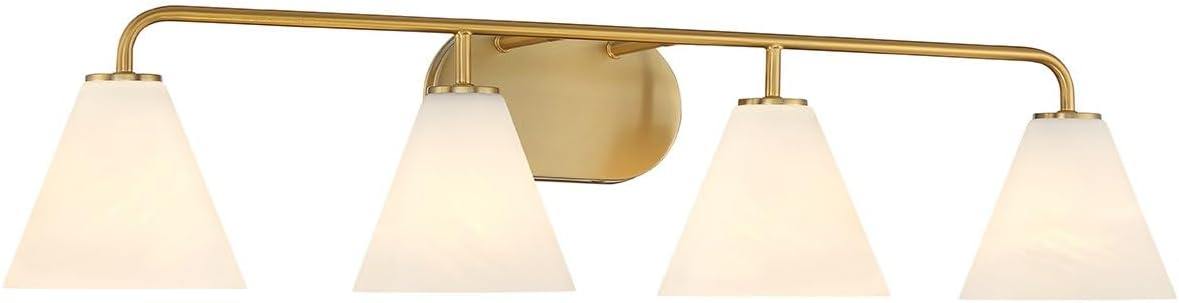 Savoy House 8-2988-4-322 Blair White Strie Glass Bathroom Conical Bathroom Vanity Light, 4-Light 240 Total Watts, 8'' H x 35'' W, Warm Brass