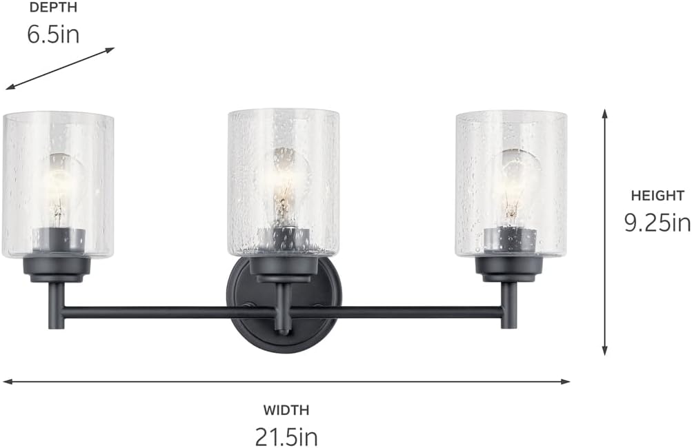 Kichler Winslow 21.5' 3-Light Bathroom Vanity Light Fixture with Clear Seeded Glass in Black, Modern Wall Mount Lighting for Mirror over Vanity in Bathroom, 45886BK