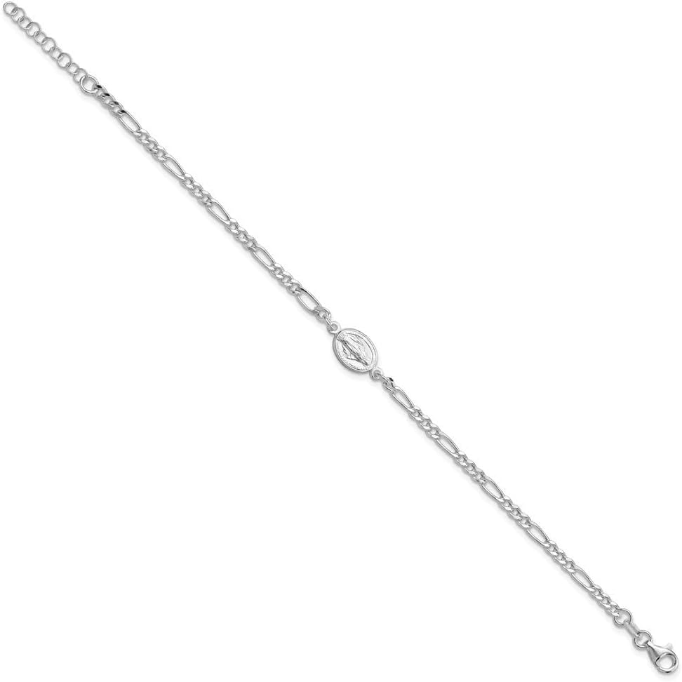 925 Sterling Silver Rhodium-plated Miraculous Medal with 1'' ext. Figaro Chain Bracelet for Women 8.25'', White, AFJ-QG-QG6560-7.25-MP