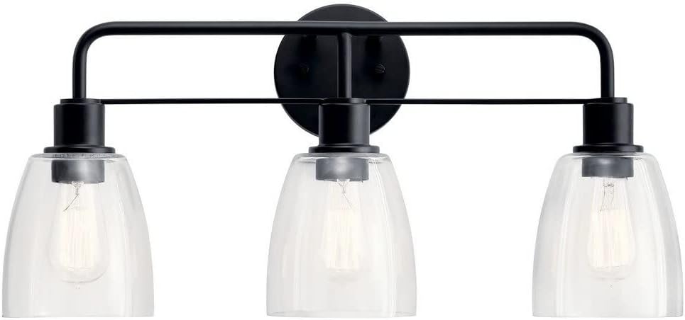 Kichler Meller 24.25' 3-Light Bathroom Vanity Light Fixture with Clear Glass Shades in Brushed Nickel, Industrial Modern Style Over Mirror (24.25' x 11.25' x 7'), 55102NI