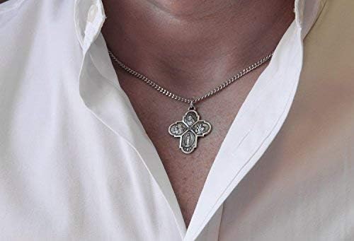 Heartland Sterling Silver 4 Way Cross Pendant for Men- Handcrafted in USA, Tarnish Resistant, Meaningful Catholic Necklace with Sacred Heart, St. Christopher, St. Joseph & Miraculous Medal– 24-Inch