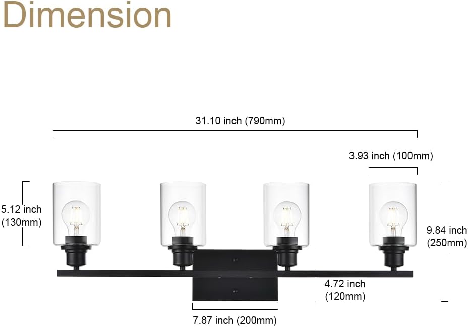 4-Light Modern Bathroom Lighting Fixtures, 31' Matte Black Bathroom Vanity Lights with Clear Glass Shade, Anti-Rust Farmhouse Wall Sconces for Bedroom Cabinet Kitchen E26 Socket (Bulbs Not Included)