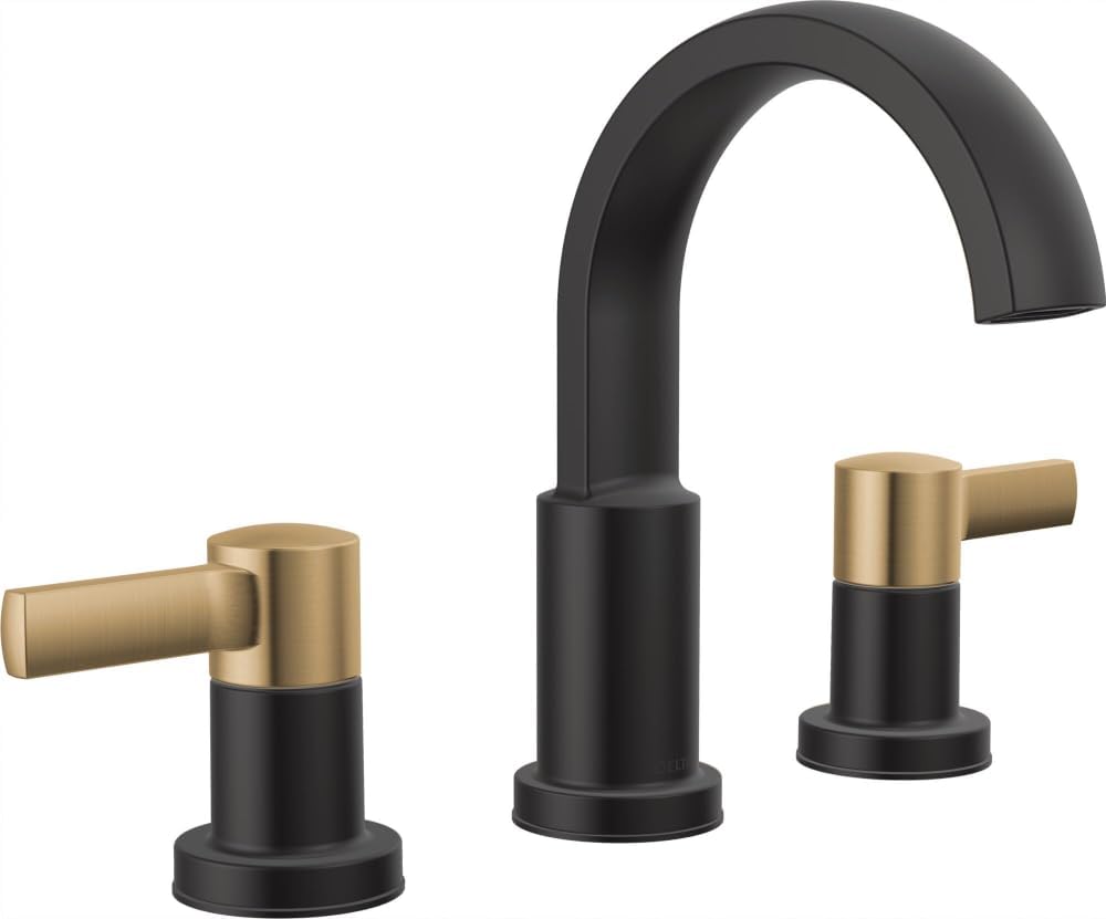 Delta Albion Matte Black/Brushed Gold Bathroom Faucet 3 Hole, 8 Inch Widespread Bathroom Sink Faucet for Vanity, Metal Push-Pop Drain Assembly, Matte Black/Champagne Bronze 35855LF-GZ