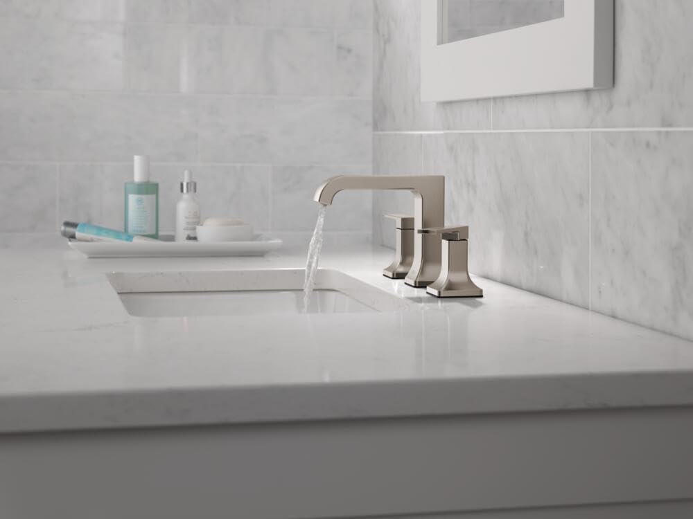 Delta Velum Brushed Nickel Bathroom Faucet 3 Hole, 8 Inch Widespread Bathroom Sink Faucet for Vanity, Metal Push-Pop Drain Assembly, Stainless 3539LF-SSMPU