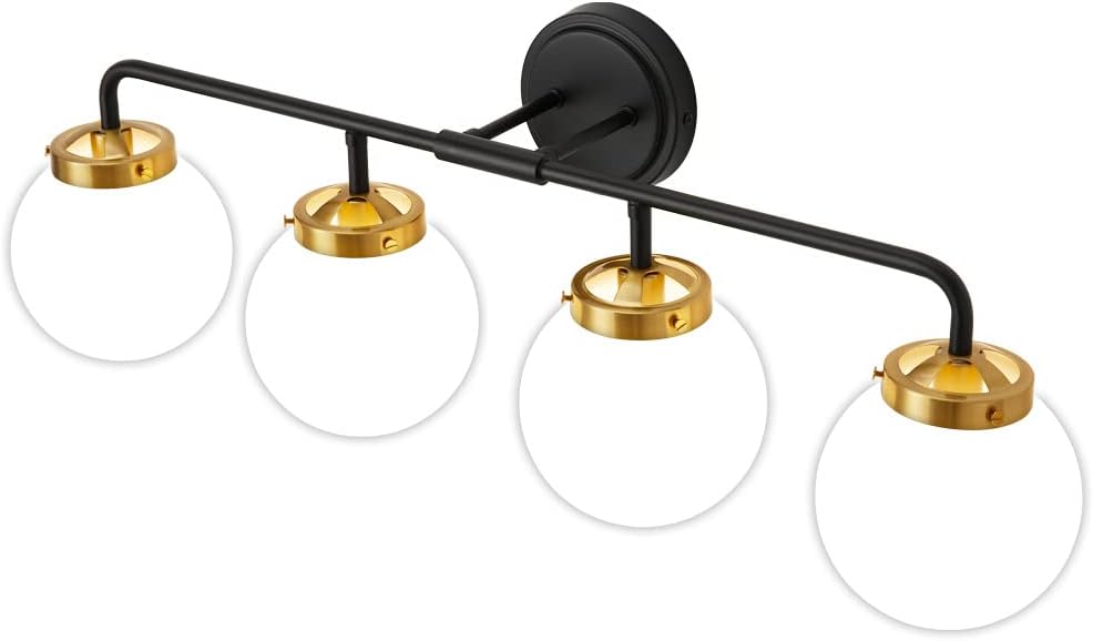 Black Gold Bathroom Light Fixtures Above Mirror, Modern Vanity Lighting with White Glass Globe Shade 4-Light Farmhouse Wall Sconce