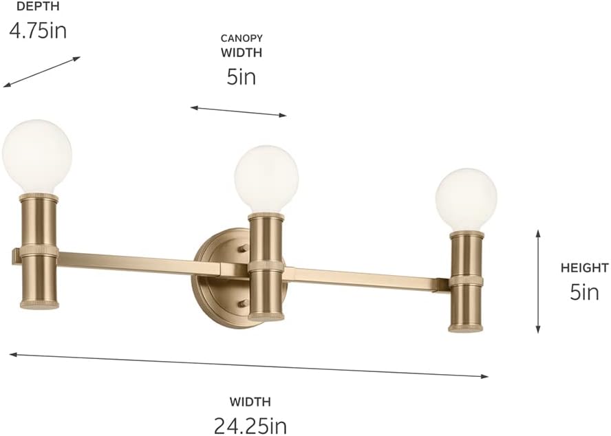 Kichler Torche 3-Light Vanity Light, Modern Light in Champagne Brozne, Damp Rated, for Single Vanity, Double Vanity, or Ample Mirror Space (24.25' x 5'), 55157CPZ