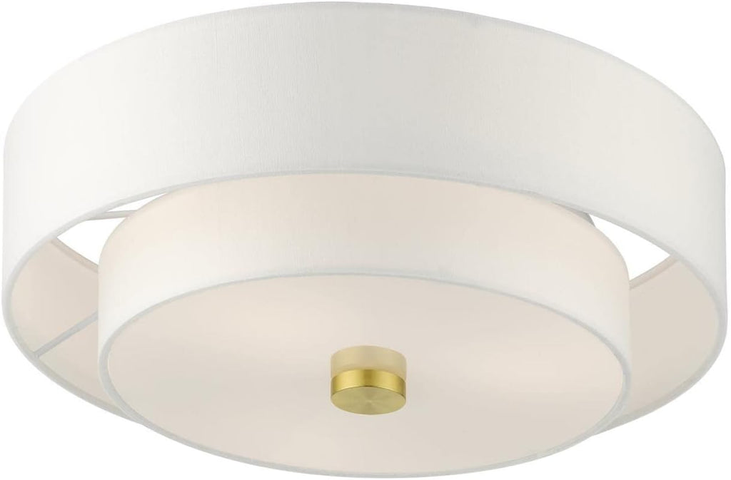 Livex Lighting 51044-12 Meridian Collection 3-Light Semi Flush Mount Ceiling Light with Off-White Hardback Fabric Shade, Satin Brass 15 x 15 x 8.25