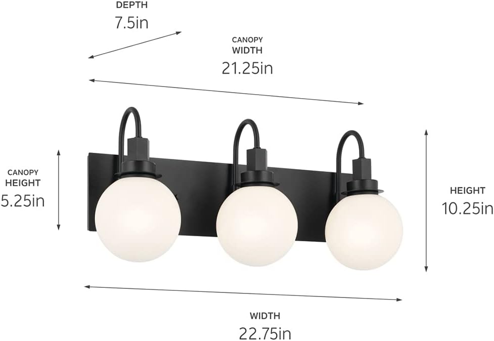 Kichler Hex 3-Light Bathroom Vanity Light Fixture, Modern Black Wall Light with Opal Glass Shades, Up or Down Install, Damp Rated for Mirror Lighting (22.75 x 10.25 in), 55151BK
