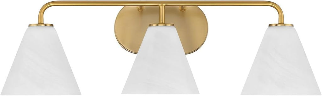 Savoy House 8-2988-3-322 Blair White Strie Glass Bathroom Conical Bathroom Vanity Light, 3-Light 180 Total Watts, 8'' H x 26'' W, Warm Brass