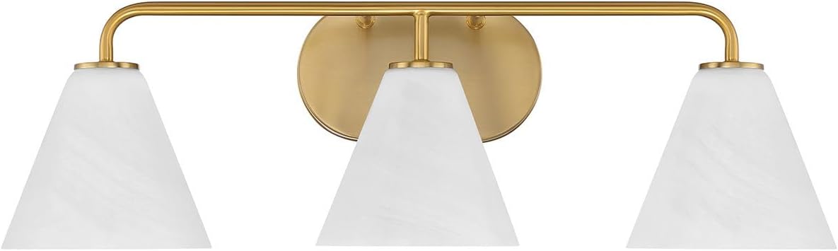 Savoy House 8-2988-3-322 Blair White Strie Glass Bathroom Conical Bathroom Vanity Light, 3-Light 180 Total Watts, 8'' H x 26'' W, Warm Brass