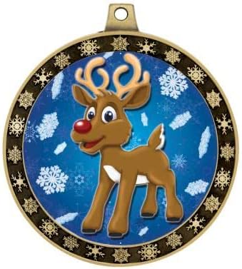 Crown Awards Reindeer with Snowflakes Winter Seasonal Award Medals with Red Ribbon, 2.5' Gold Reindeer Winter Trophies