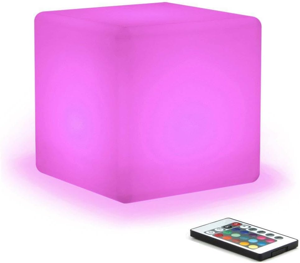 Hullaballoo 16-inch Rechargeable LED Cube Chair Light w/Remote, Waterproof RGB Color Changing Seat Stool Side Table, Ideal Home Bedroom Patio Pool Party Accent Ambient Decorative Lighting