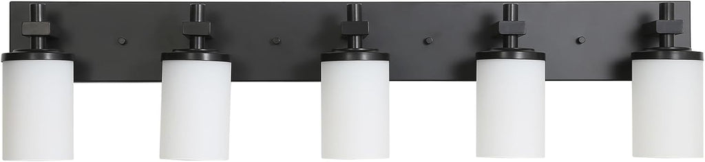 LOUSACE Bathroom Light Fixtures Over Mirror, 5 Light Vanity Lights Matte Black, Modern Bathroom Lighting with Opal White Glass Shades, Wall Sconces Fixture Vanity Lighting for Bedroom Living Room