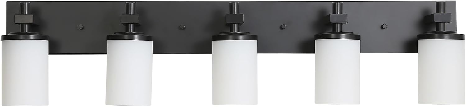 LOUSACE Bathroom Light Fixtures Over Mirror, 5 Light Vanity Lights Matte Black, Modern Bathroom Lighting with Opal White Glass Shades, Wall Sconces Fixture Vanity Lighting for Bedroom Living Room