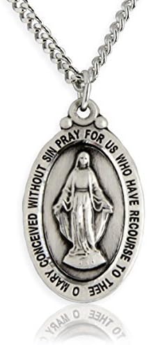 Heartland Store Oval Sterling Silver Miraculous Medal Necklace for Men - Tarnish Resistant, Handcrafted in the USA - Meaningful Religious Pendant- Ideal Present- 24' Rhodium Chain with Clasp