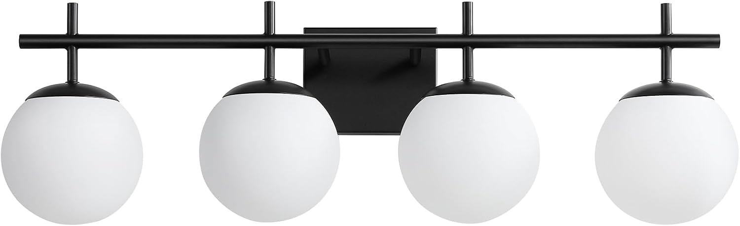 AIJIASI Bathroom Lighting Fixtures Over Mirror, 4-Light Matte Black Vanity Light, 30.7 Inch Modern Bathroom Light Fixtures with Milky White Glass Globe Shade Bath Vanity Lighting Fixtures Wall Sconce