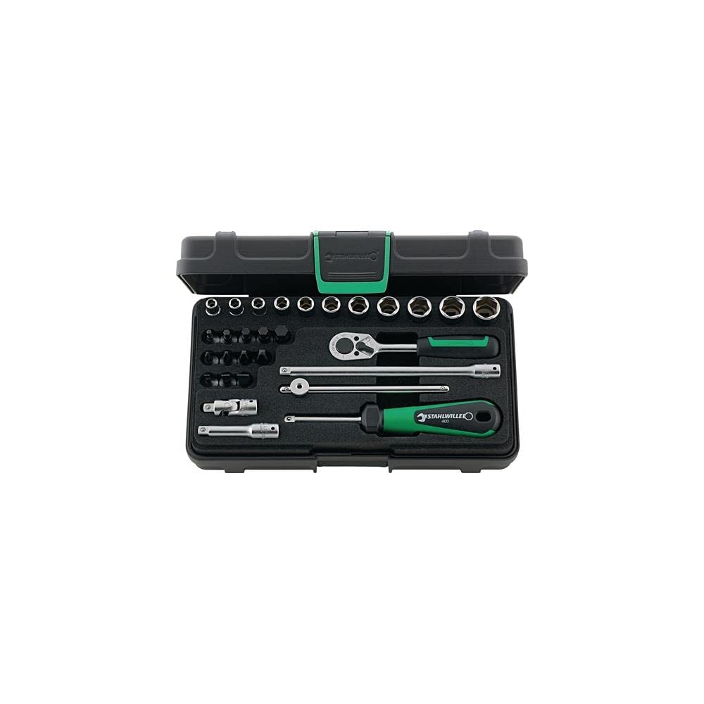 Stahlwille 96011136 1/4' Hex Socket Set - 29 Pieces with Inhex, Slotted & Phillips Sockets, Ratchet, Stored in ABS Plastic Case with Foam Inlay, Ideal for Heavy-Duty Applications, Made in Germany