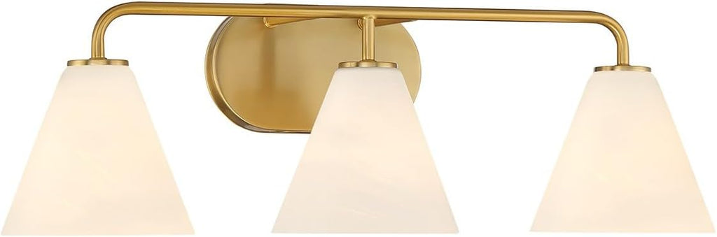Savoy House 8-2988-3-322 Blair White Strie Glass Bathroom Conical Bathroom Vanity Light, 3-Light 180 Total Watts, 8'' H x 26'' W, Warm Brass