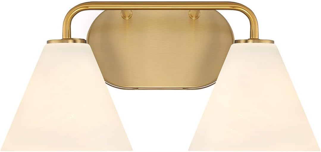 Savoy House 8-2988-2-322 Blair White Strie Glass Bathroom Conical Bathroom Vanity Light, 2-Light 120 Total Watts, 8'' H x 16'' W, Warm Brass