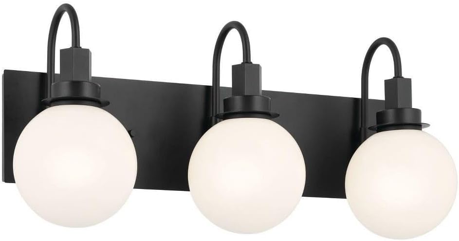 Kichler Hex 3-Light Bathroom Vanity Light Fixture, Modern Black Wall Light with Opal Glass Shades, Up or Down Install, Damp Rated for Mirror Lighting (22.75 x 10.25 in), 55151BK