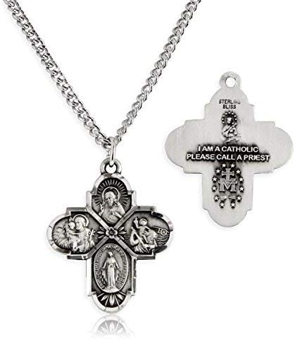 Heartland Sterling Silver 4 Way Cross Pendant for Men- Handcrafted in USA, Tarnish Resistant, Meaningful Catholic Necklace with Sacred Heart, St. Christopher, St. Joseph & Miraculous Medal– 24-Inch