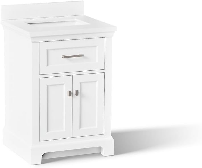 Kohler Charlemont 24' Bathroom Vanity Cabinet with White Sink and Quartz Top, Modern Bathroom Storage, White, K-29259-BD1-0