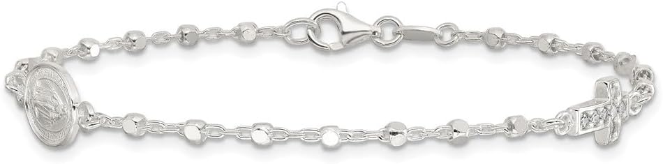925 Sterling Silver Polished with Cubic zirconia Cross and Miraculous Medal Cable Chain Bracelet 7.5'