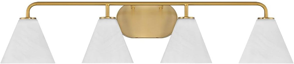 Savoy House 8-2988-4-322 Blair White Strie Glass Bathroom Conical Bathroom Vanity Light, 4-Light 240 Total Watts, 8'' H x 35'' W, Warm Brass