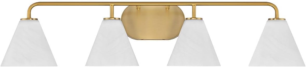 Savoy House 8-2988-4-322 Blair White Strie Glass Bathroom Conical Bathroom Vanity Light, 4-Light 240 Total Watts, 8'' H x 35'' W, Warm Brass