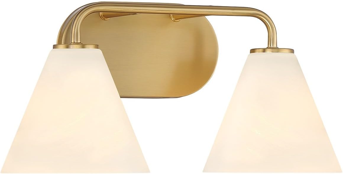 Savoy House 8-2988-2-322 Blair White Strie Glass Bathroom Conical Bathroom Vanity Light, 2-Light 120 Total Watts, 8'' H x 16'' W, Warm Brass