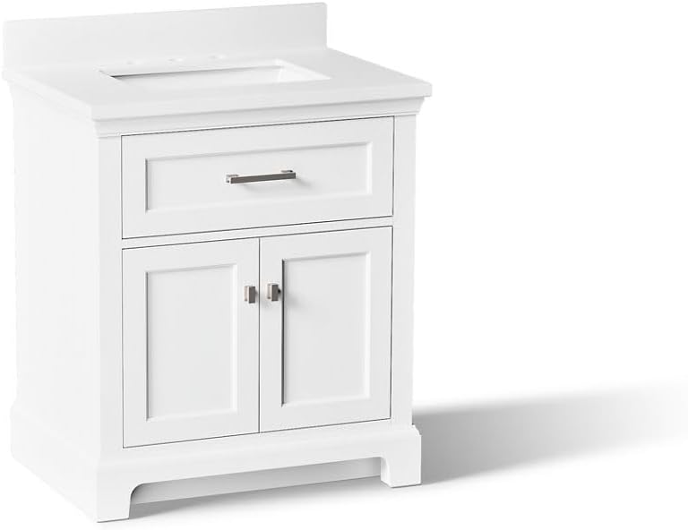 Kohler Charlemont 30' Bathroom Vanity Cabinet with White Sink and Quartz Top, Modern Bathroom Storage, White, K-29260-BD1-0