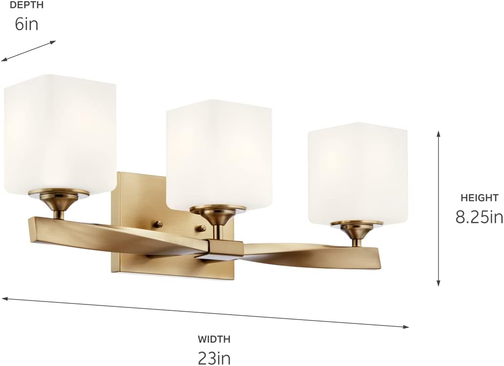 Kichler Marette 23' 3-Light Bathroom Vanity Light Fixture with Satin Etched Cased Opal Glass in Champagne Bronze for Bathroom and Powder Room (23' x 8.25' x 6'), 55002CPZ