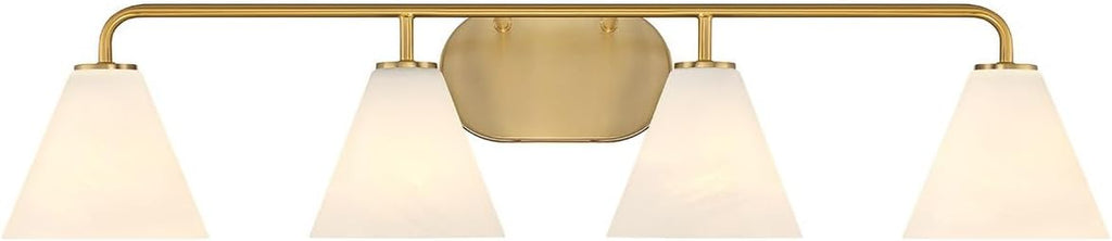 Savoy House 8-2988-4-322 Blair White Strie Glass Bathroom Conical Bathroom Vanity Light, 4-Light 240 Total Watts, 8'' H x 35'' W, Warm Brass