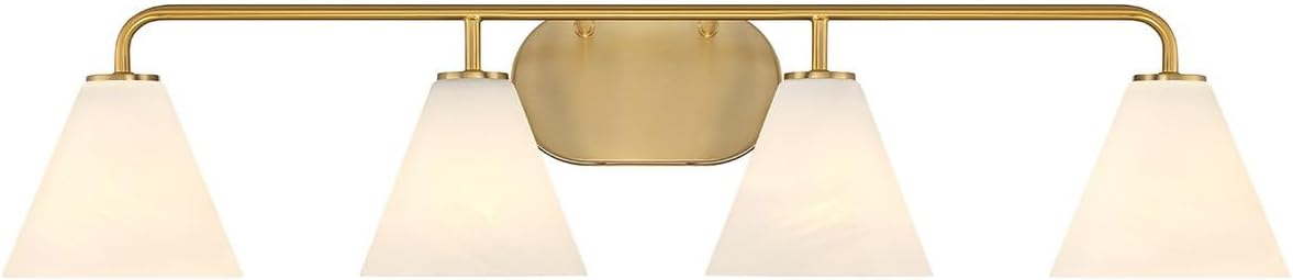 Savoy House 8-2988-4-322 Blair White Strie Glass Bathroom Conical Bathroom Vanity Light, 4-Light 240 Total Watts, 8'' H x 35'' W, Warm Brass