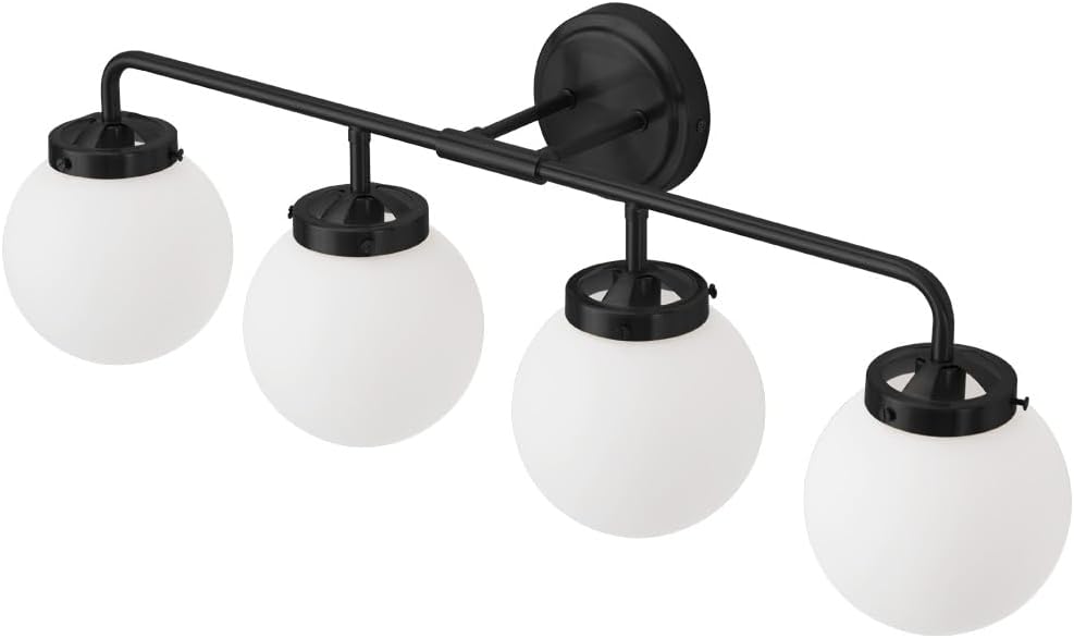 Bathroom Light Fixtures Over Mirror, 4-Light Matte Black Vanity Lighting with Milk White Glass Globe Shades Modern Wall Sconce