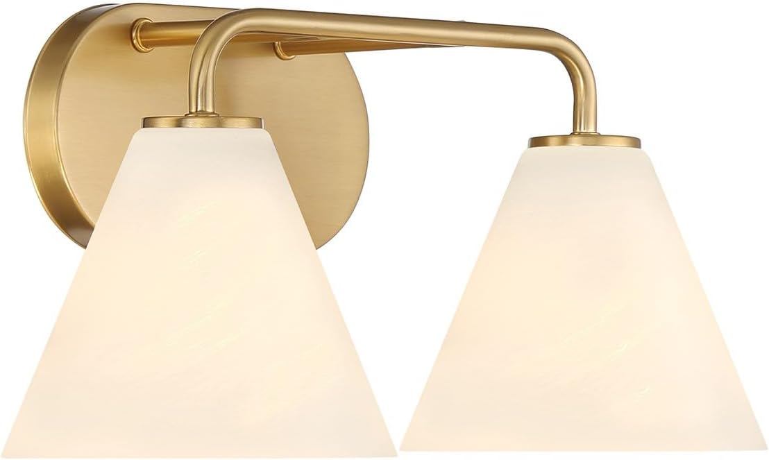 Savoy House 8-2988-2-322 Blair White Strie Glass Bathroom Conical Bathroom Vanity Light, 2-Light 120 Total Watts, 8'' H x 16'' W, Warm Brass
