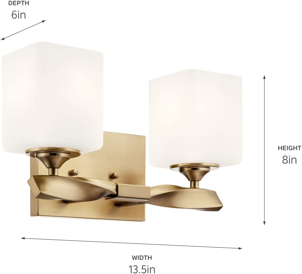 Kichler Marette 13.5 inch 2 Light Vanity Light with Satin Etched Cased Opal Glass in a Rich Champagne Bronze, for Bathroom and Powder Rooms, (13.5' W x 8' H), 55001CPZ
